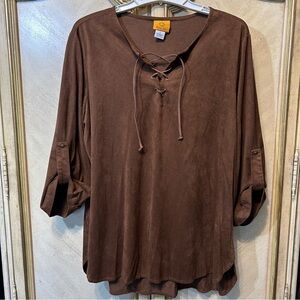 Ruby Rd Brown Faux Suede Front Tie Lace up Tab Sleeve Blouse